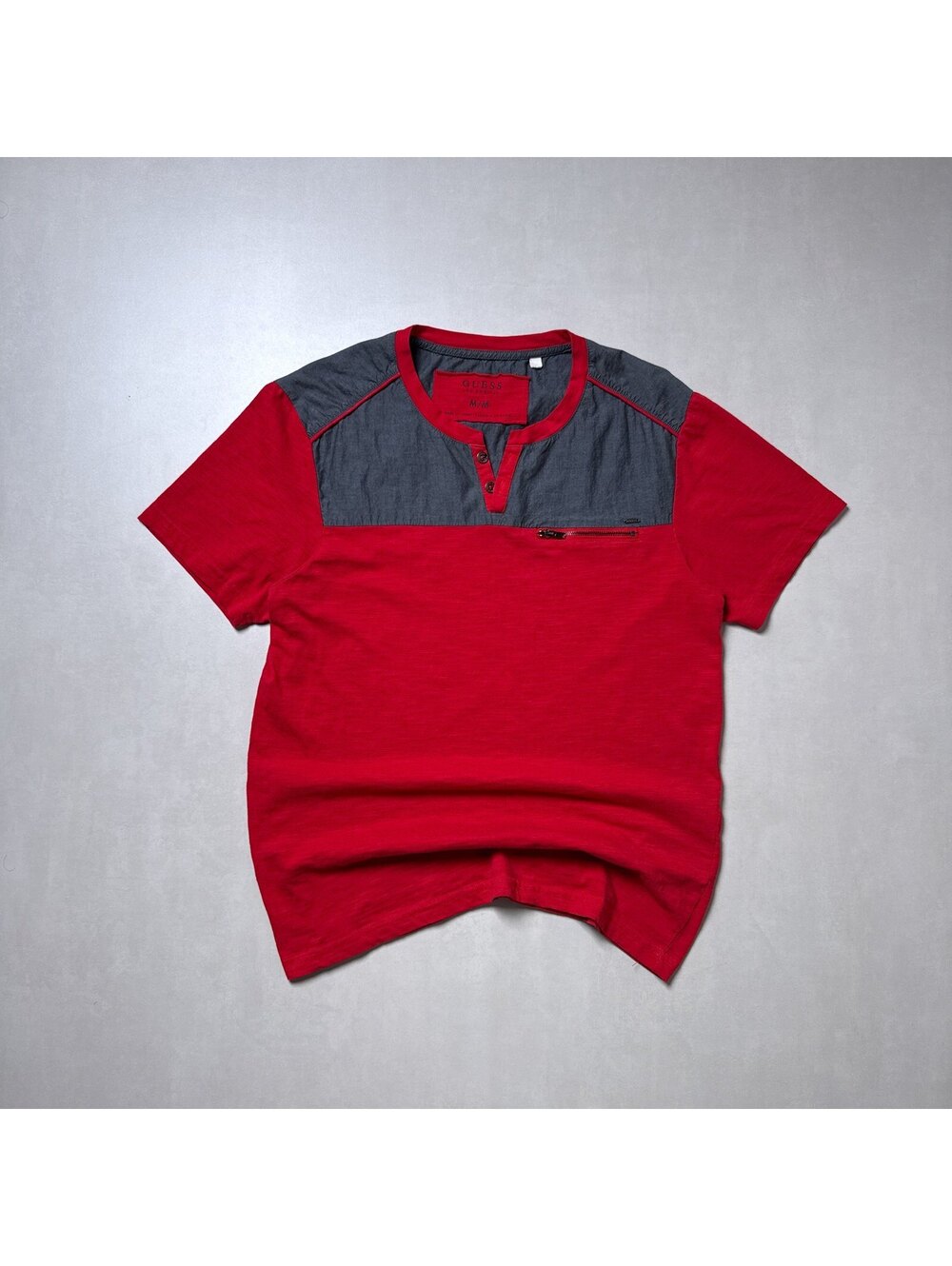 Y2K Guess 00s Red Henley Zip Pocket Tee Shirt